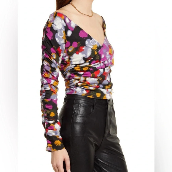 OPEN EDIT Off the Shoulder Ruched Top, Black Confetti, XS, NWT​ - Picture 2 of 11